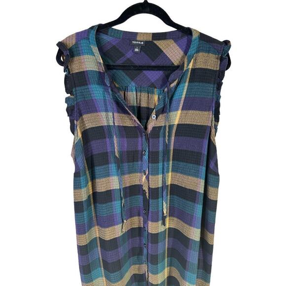 Torrid Plaid Gauze Button Front Tie Neck Tank Purple Green Gold Black Size 1 - Picture 1 of 8